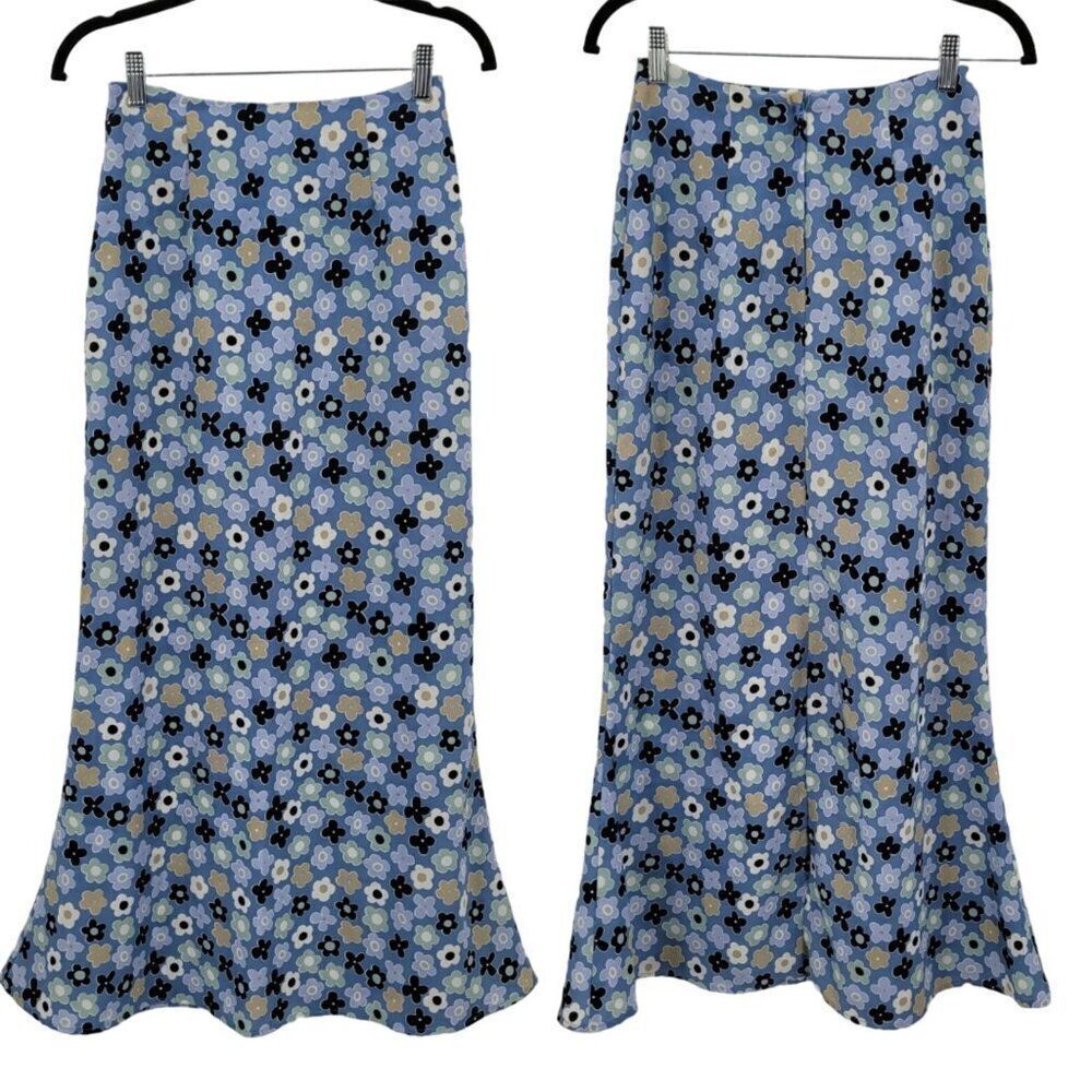 Vtg 90's Y2K Grunge Floral Maxi Skirt‎ 5 Blue Flower Slits USA Phoebe
